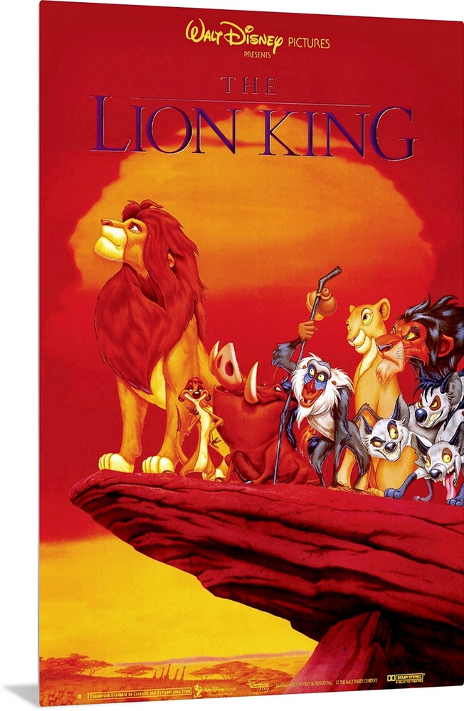 Large, vertical movie advertisement of the Walt Disney movie, The Lion King.  A grown Simba peers over the edge of a cliff...