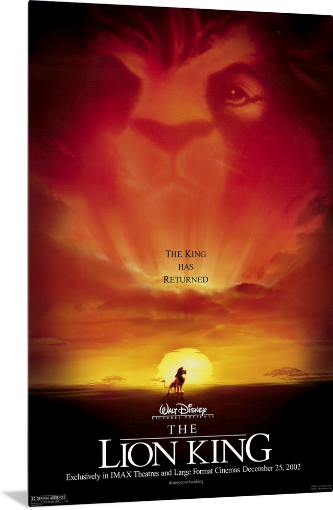 Movie poster for the 2002 Disney animated movie The Lion King with Simba high on a rock overlooking his kingdom.