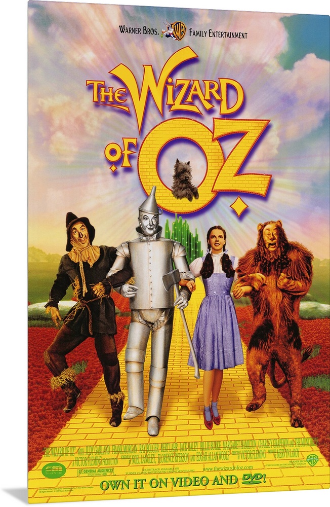 Wall art of a classic movie with the Scarecrow, Tin man, Dorothy and the Cowardly Lion walking down the yellow brick road.
