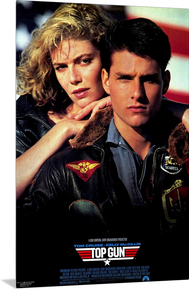 Movie poster for the hit film "Top Gun". Tom Cruise and his love interest are shown on the poster.