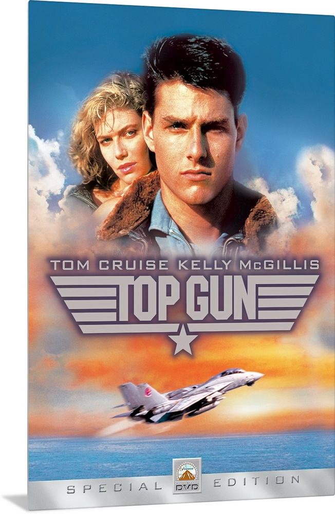 Movie poster for Top Gun with Tom Cruise and Kelly McGillis in the sky as a military plane takes off over the water.