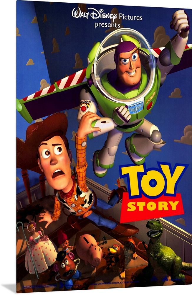 Portrait, large movie poster of Toy Story.  Buzz lightyear flying through the air, Woody holding onto his arm, while the o...