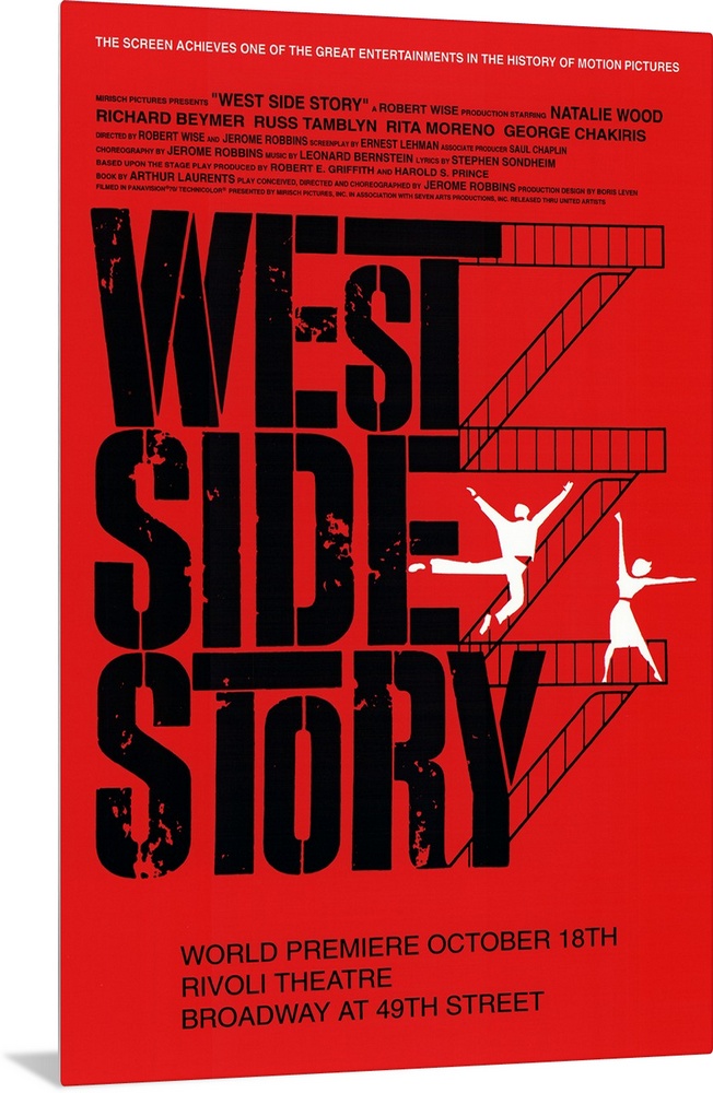 Broadway poster for the popular show "West Side Story". Flights of stairs go up the right side of the text with figures of...