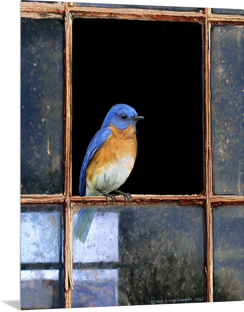 Contemporary artwork of a bird perched on a broken window pane.