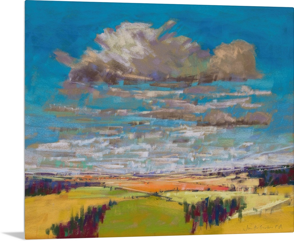 Pastel landscape painting of English countryside with trees, fields and clouds.