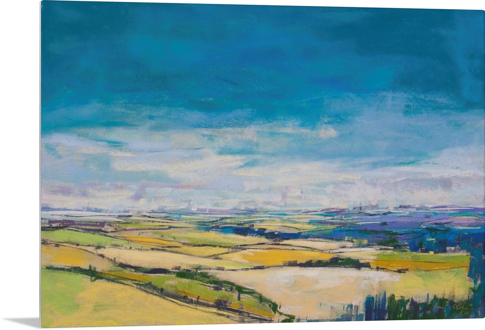 Pastel landscape painting of English countryside with trees and fields.