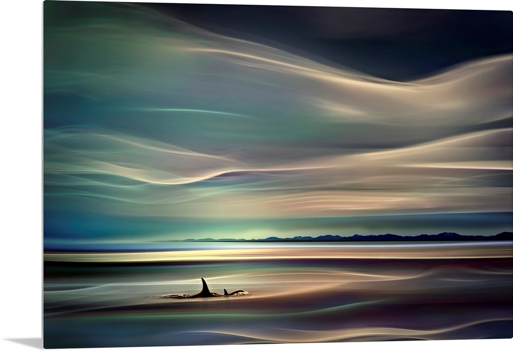 Horizontal, large abstract wall hanging of two Orca whale fins breaking the surface of the water.  The sky and the water f...
