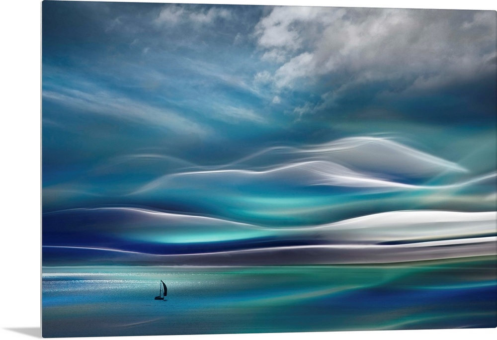 Huge abstract art depicts a lone sailboat traveling across open waters with a mountain in the background.