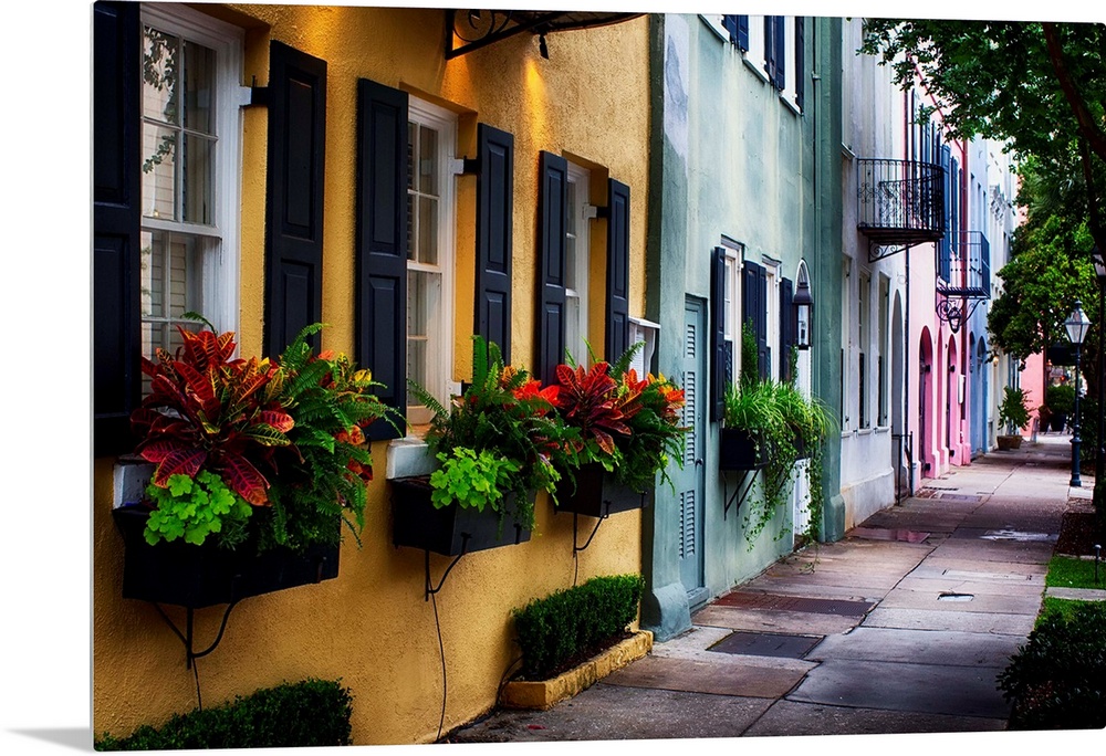 Fine art photo of a shaded alley with colorful buildings in Charles, South Carolina.