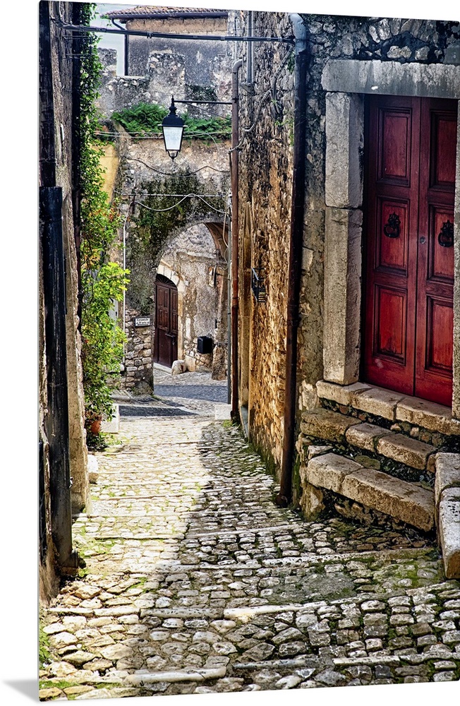 Cobblestone street in Sermoneta, Italy, with a red door on the side.