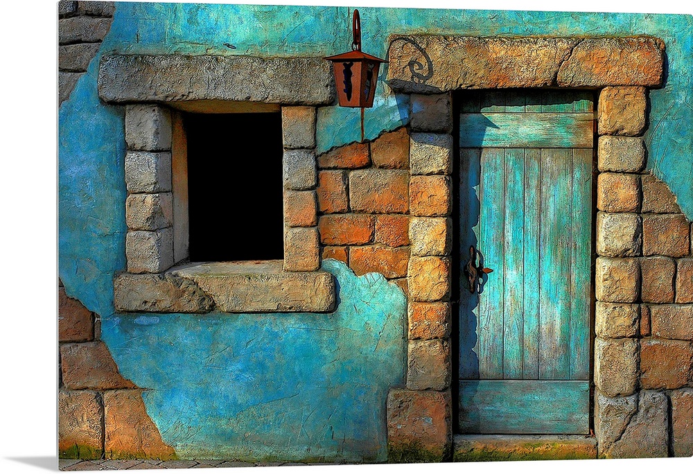 Landscape fine art photograph highlighting a door surrounded by a stone wall and window.