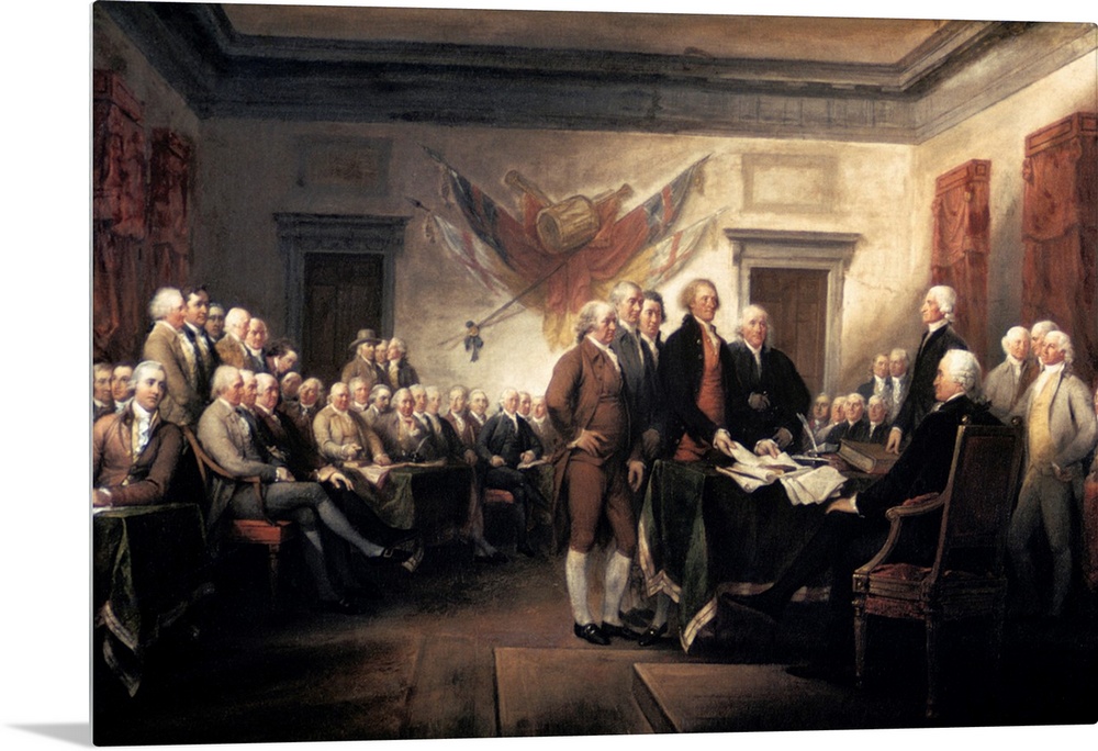 The 1776 signing of the Declaration of Independence by Trumbull in Pennsylvania State House, now Independence Hall in Phil...
