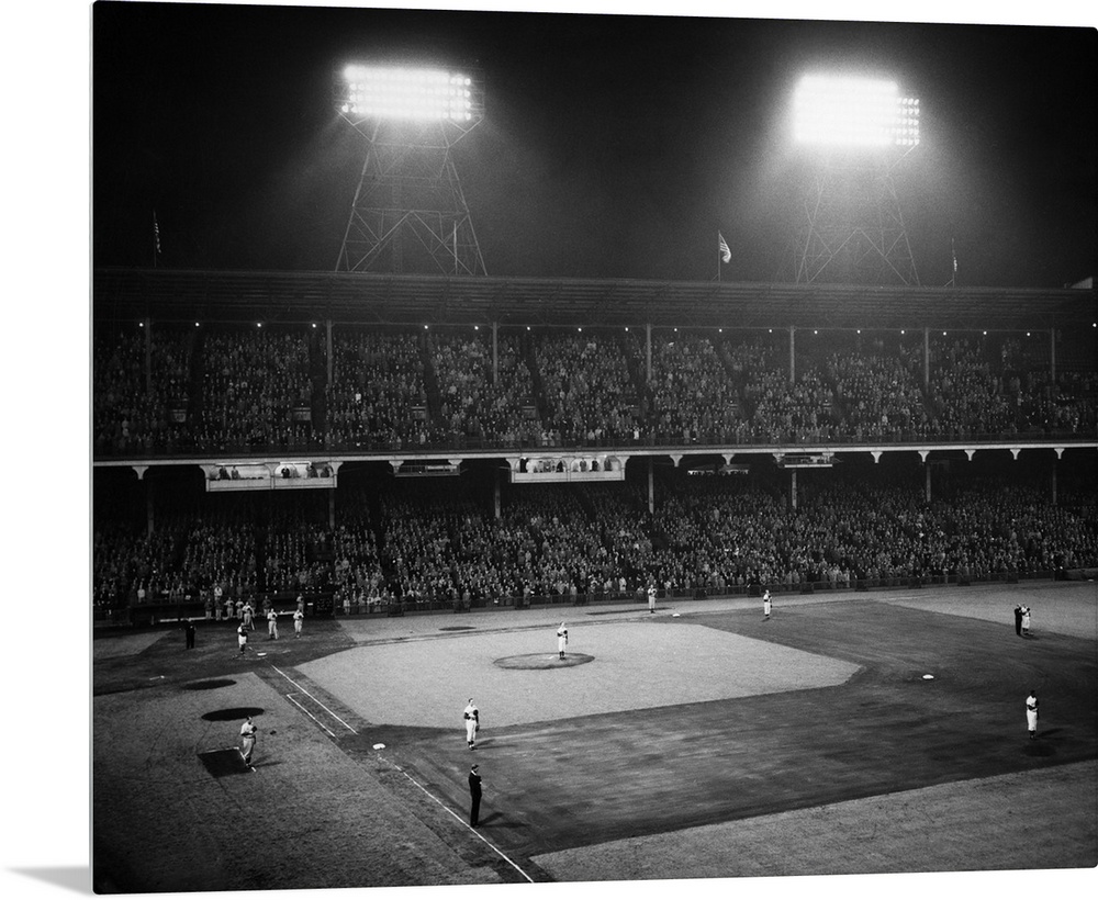 1940's 1947 Baseball Night Game Under The Lights Players Standing For National Anthem Ebbets Field Brooklyn New York USA.