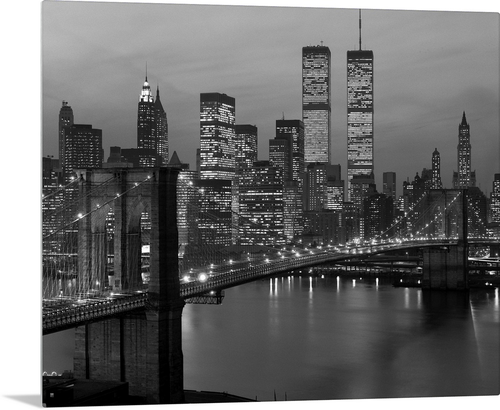 1980's New York City Lower Manhattan Skyline Brooklyn Bridge World Trade Center.