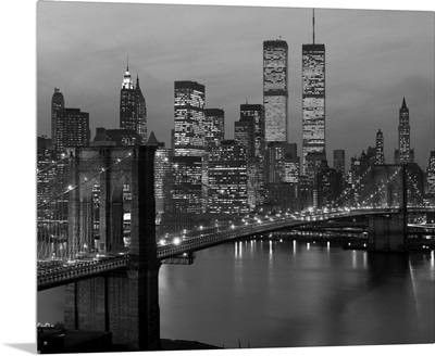 1980's New York City Lower Manhattan Skyline Brooklyn Bridge World Trade Center