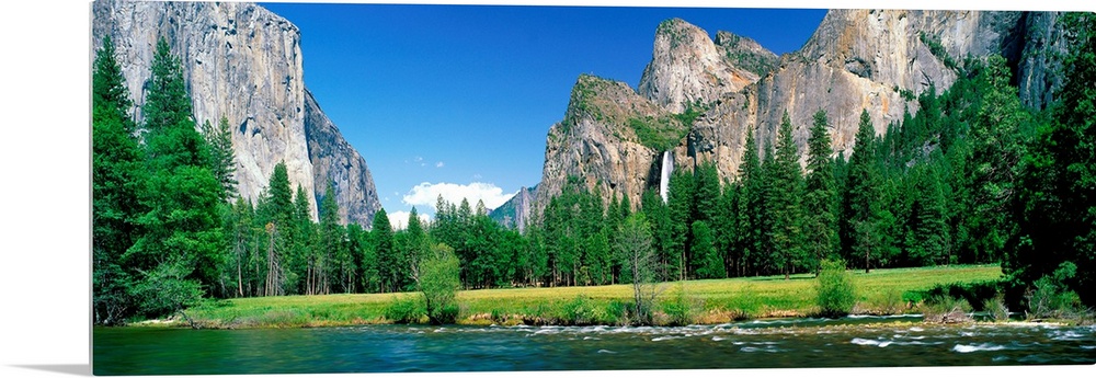 Wall art for the home or office a panoramic landscape photograph of a river and meadow in the Yosemite Valley in the summer.