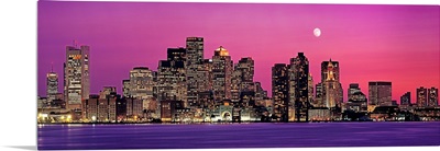 Massachusetts, Boston, View of an urban skyline by the shore at night