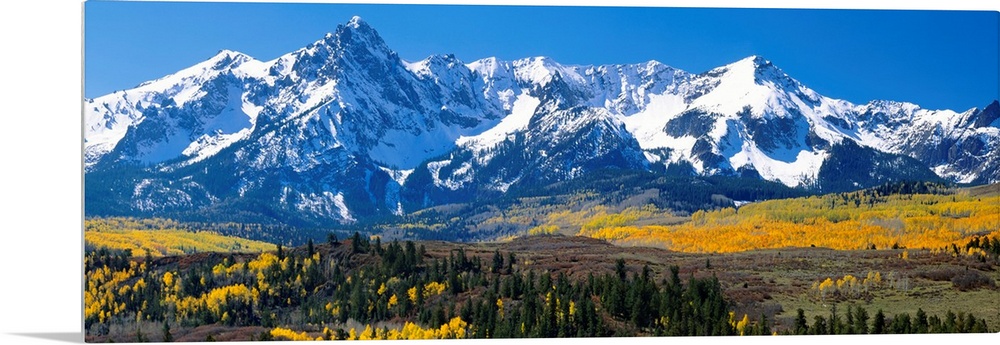 Panoramic image of a wilderness area at the base of a snowy mountain range.