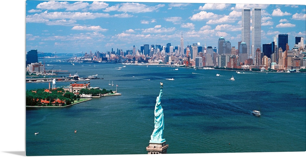 Panoramic wall art of Manhattan, Ellis Isle, and Hudson River photographed from south of the Statue of Liberty on a sunny ...