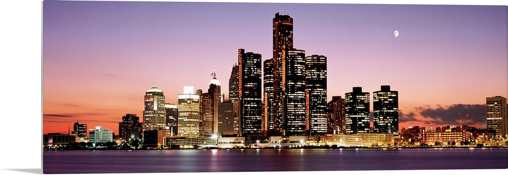 Panoramic skyline of downtown Detroit at sundown.