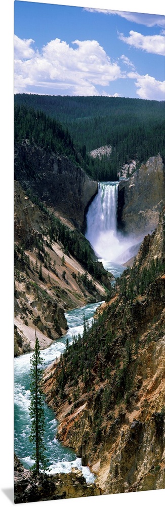 Vertical panoramic of a large waterfall at Yellowstone National Park in Wyoming.