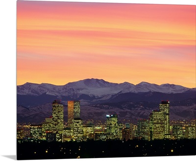 Skyline and mountains at dusk, Denver, Colorado