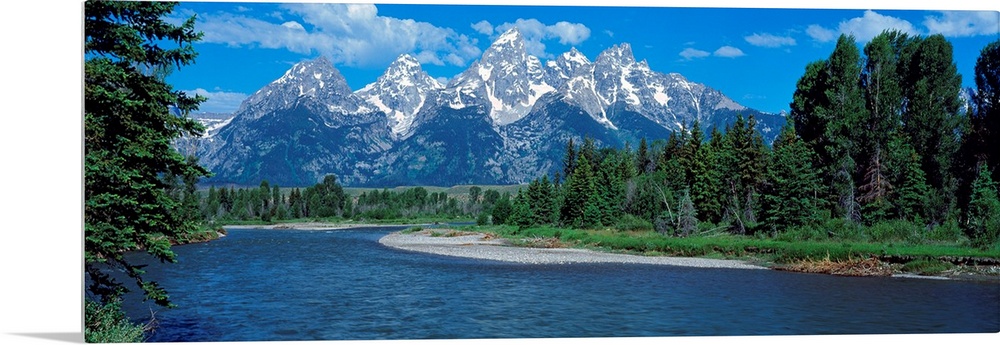 Panoramic photo of rugged mountains in the background of a wide river cutting through the landscape with trees on either s...