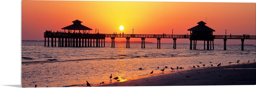 Pier and board walk with shore birds gathered in the foreground as the sun sinks in the sky.