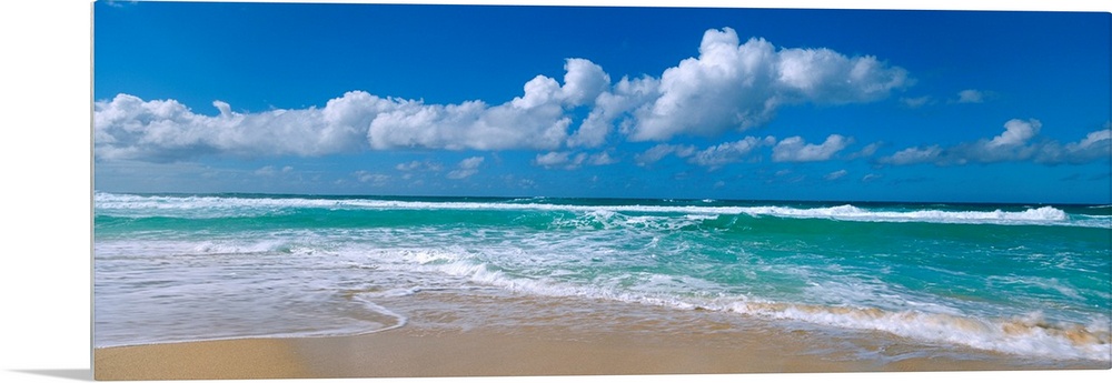 Panoramic view of a Hawaiian beach where waves are washing up on the shore while the wind blows cumulus clouds across an o...