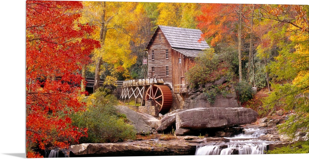 Panoramic photograph of the Glade Creek Grist Mill located within Babcock State Park in West Virginia.  The waterfall in t...