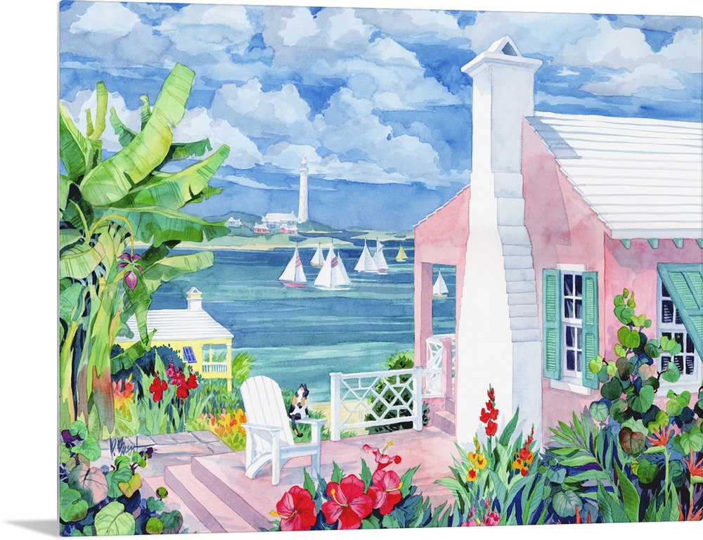 Watercolor painting of a Bermuda resort town.