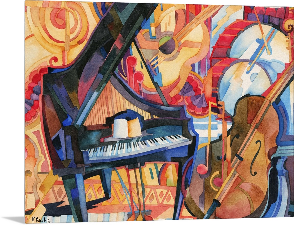 Painting of jazz instruments, including a bass, grand piano, and drum kit.