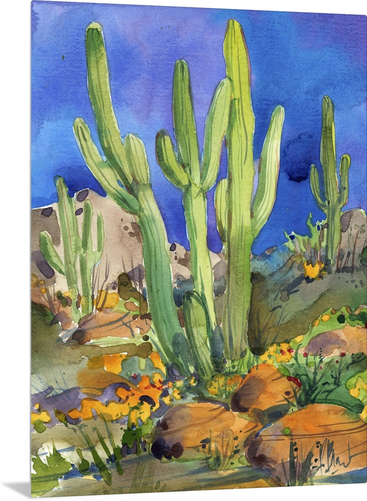 Watercolor painting of saguaro cacti in a rocky desert.