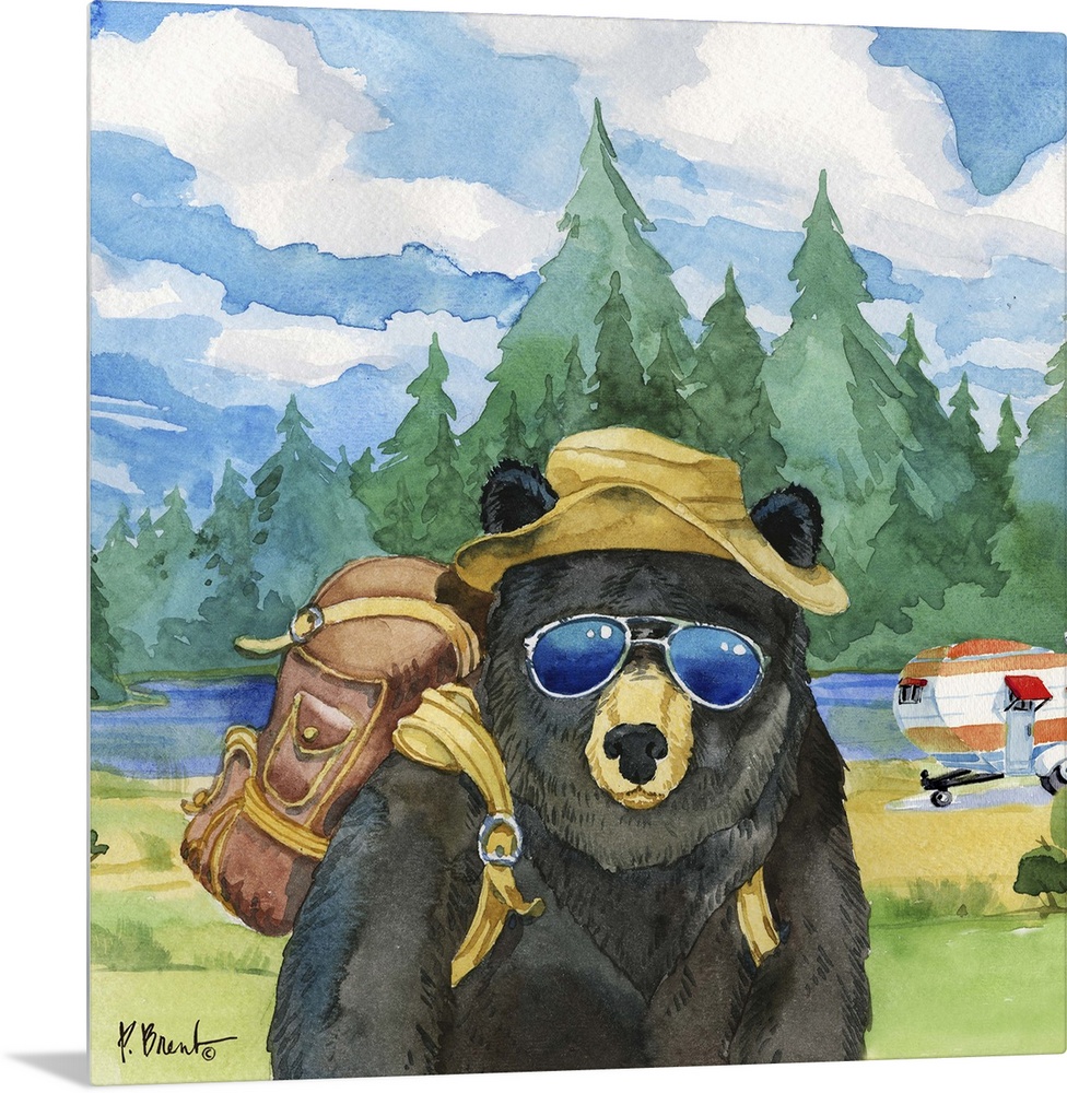 Square watercolor painting of a black bear with camping gear outside in the wilderness.