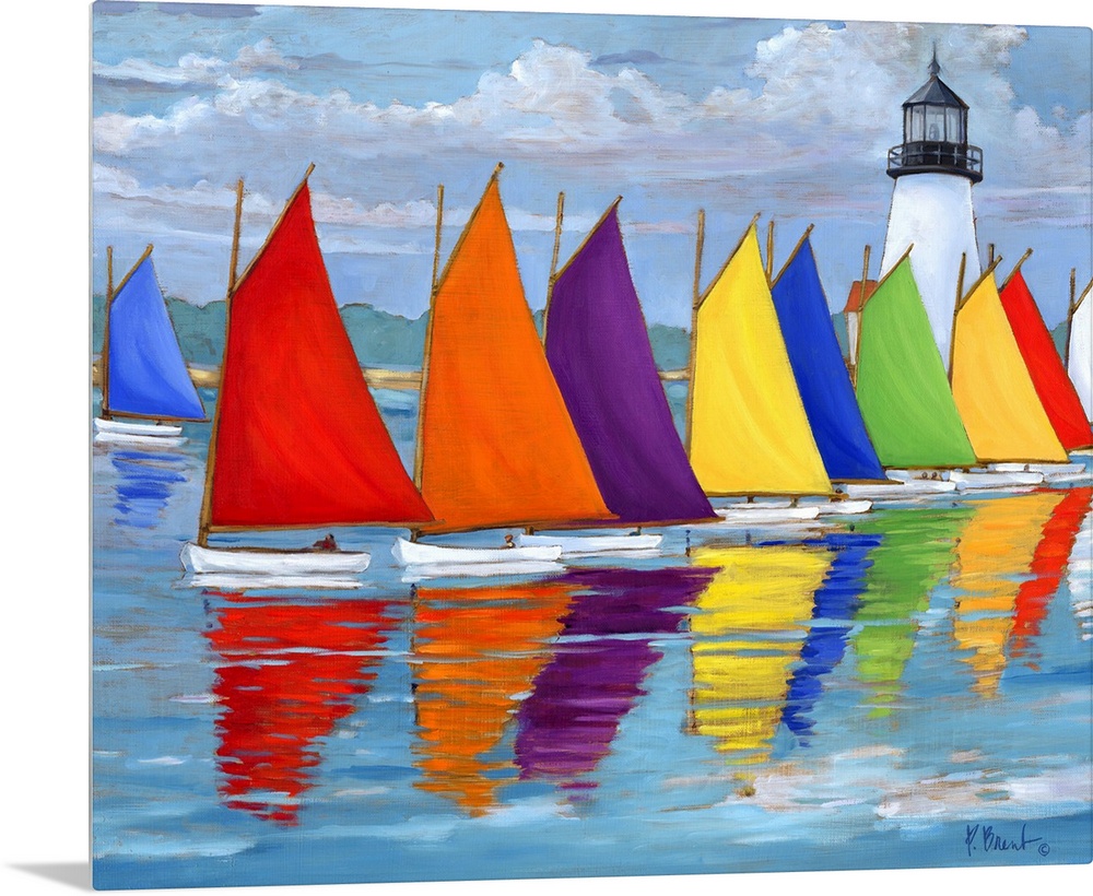 Contemporary painting of a row of multi-colored sailboats on the water, near a lighthouse.