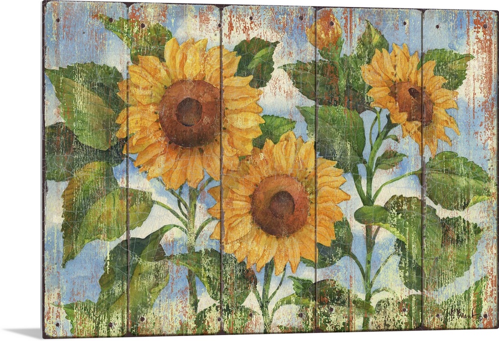 Contemporary decorative artwork of three large sunflowers in full bloom on a textured panel background.