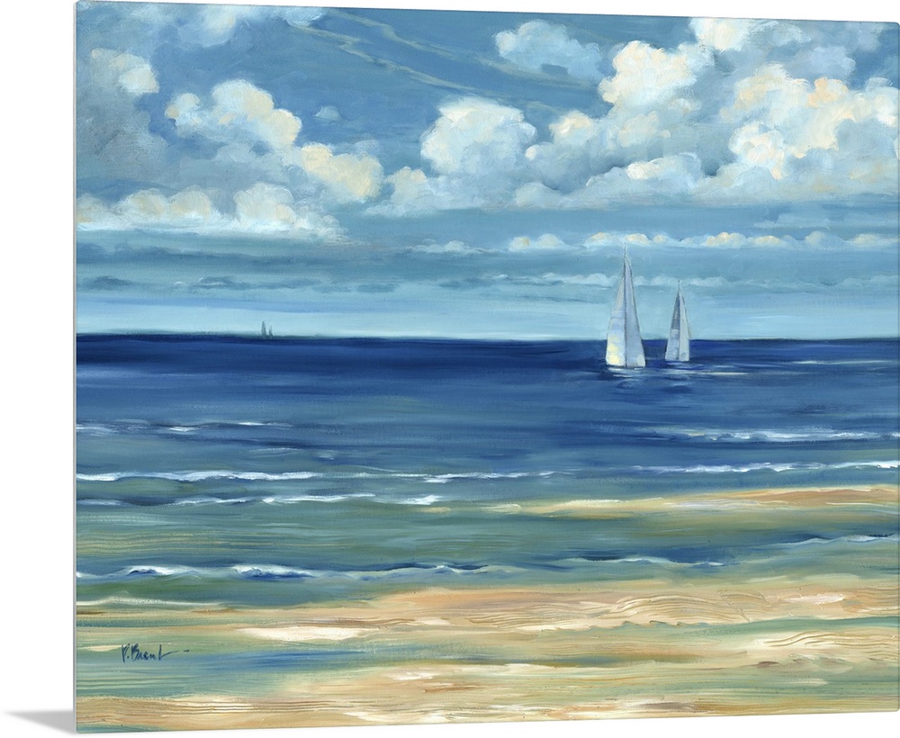 Contemporary landscape painting of a deep blue ocean with white clouds overhead.