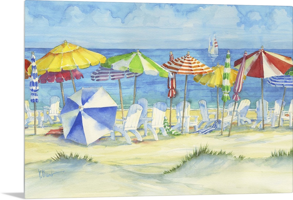 Watercolor painting of several adirondack chairs and colorful beach umbrellas on a sandy shore.