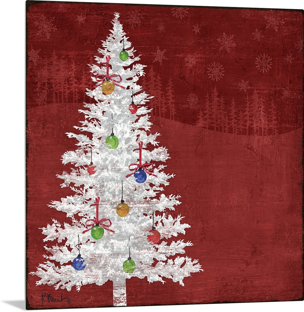 Artwork of a white tree decorated with Christmas Ornaments on a red background.