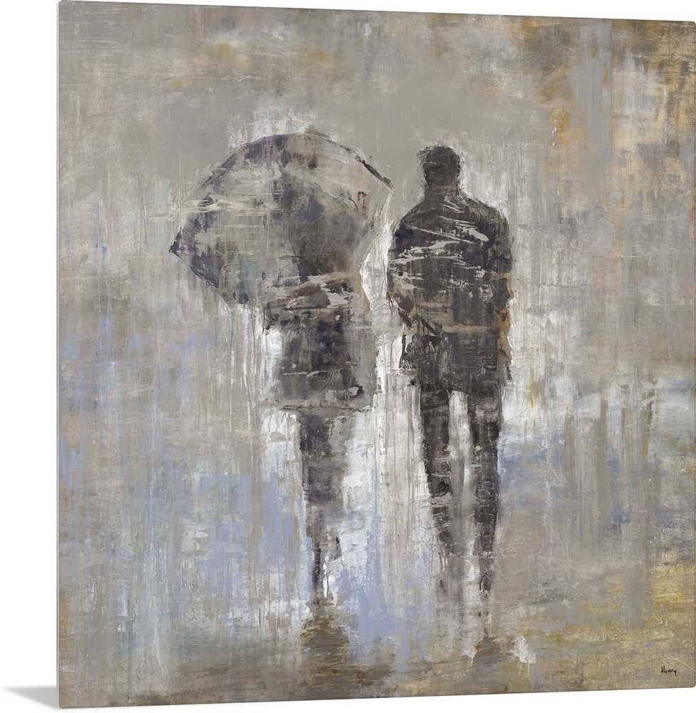 Figurative painting of the backs of a male and female form walking side by side, the female holding an umbrella over her h...