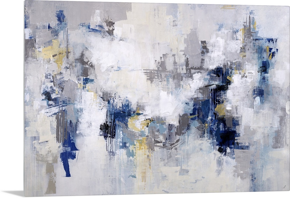 Abstract painting in shades of white and light gray with accents of blue throughout.