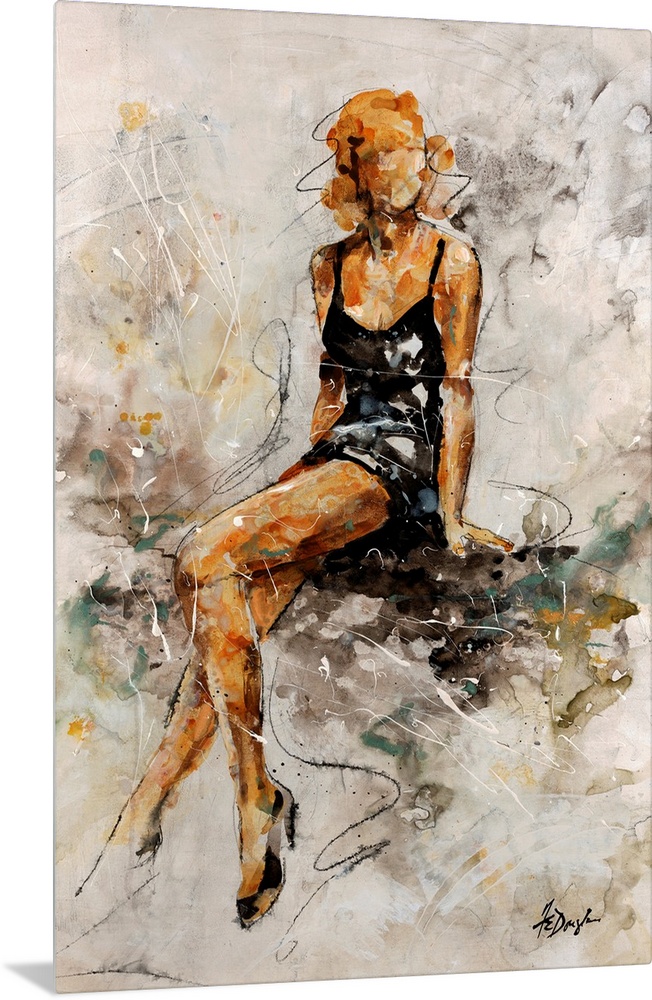 Contemporary painting of a glamorous woman in a little black dress and heels, ready for a night out.