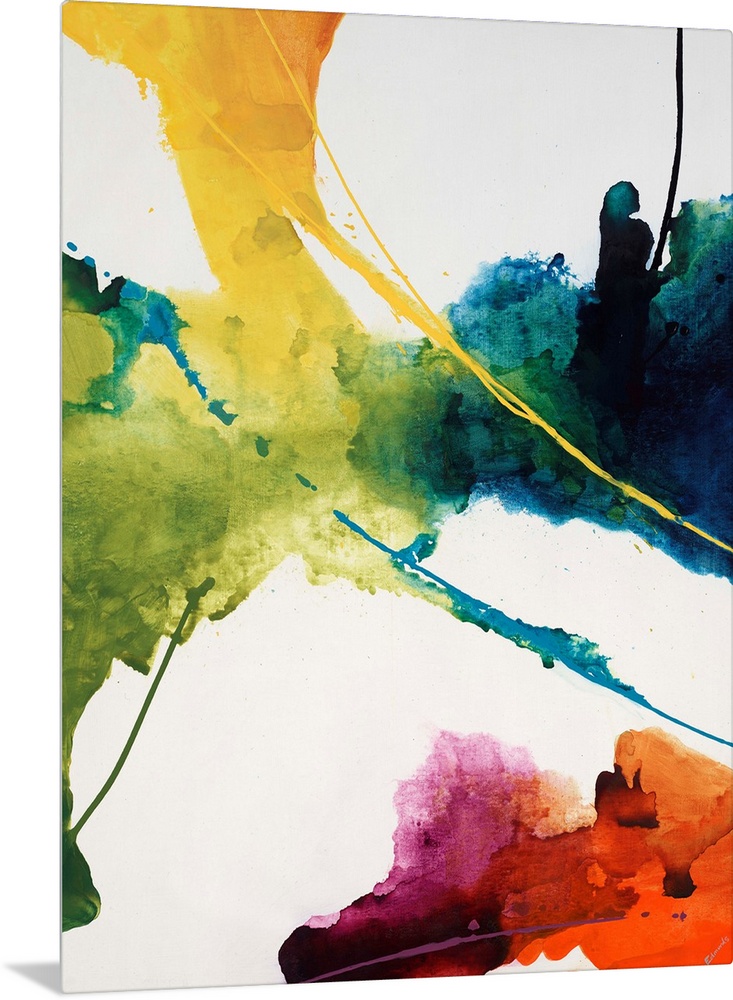 Contemporary watercolor painting of several multicolored masses with thin streaks of paint over a solid neutral background.