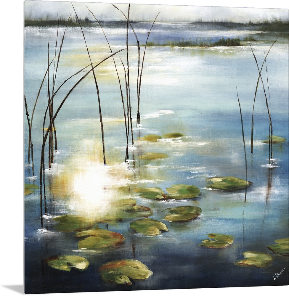 Contemporary painting of lily pads in a pond with the sun reflecting on the water.