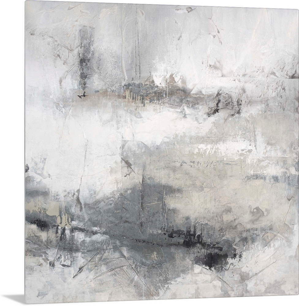 Abstract contemporary artwork in misty shades of white and grey.