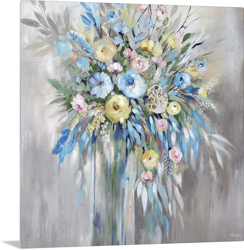 Contemporary abstract painting of a floral arrangement with with blue, yellow, and pale pink flowers.
