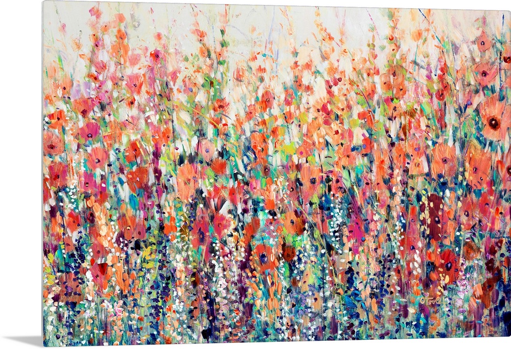 A riot of tall, poppy-like wildflowers and grasses in a blend of warm, light red and orange tones. It's casual impressioni...