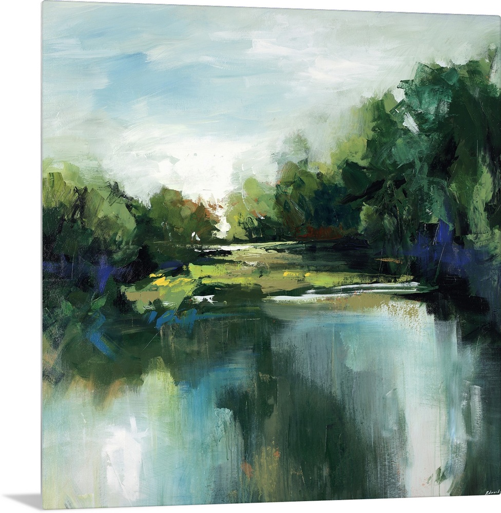 Landscape painting in thick sweeping brushstrokes of a calm pond in front of a grove of lush trees and a green landscape.