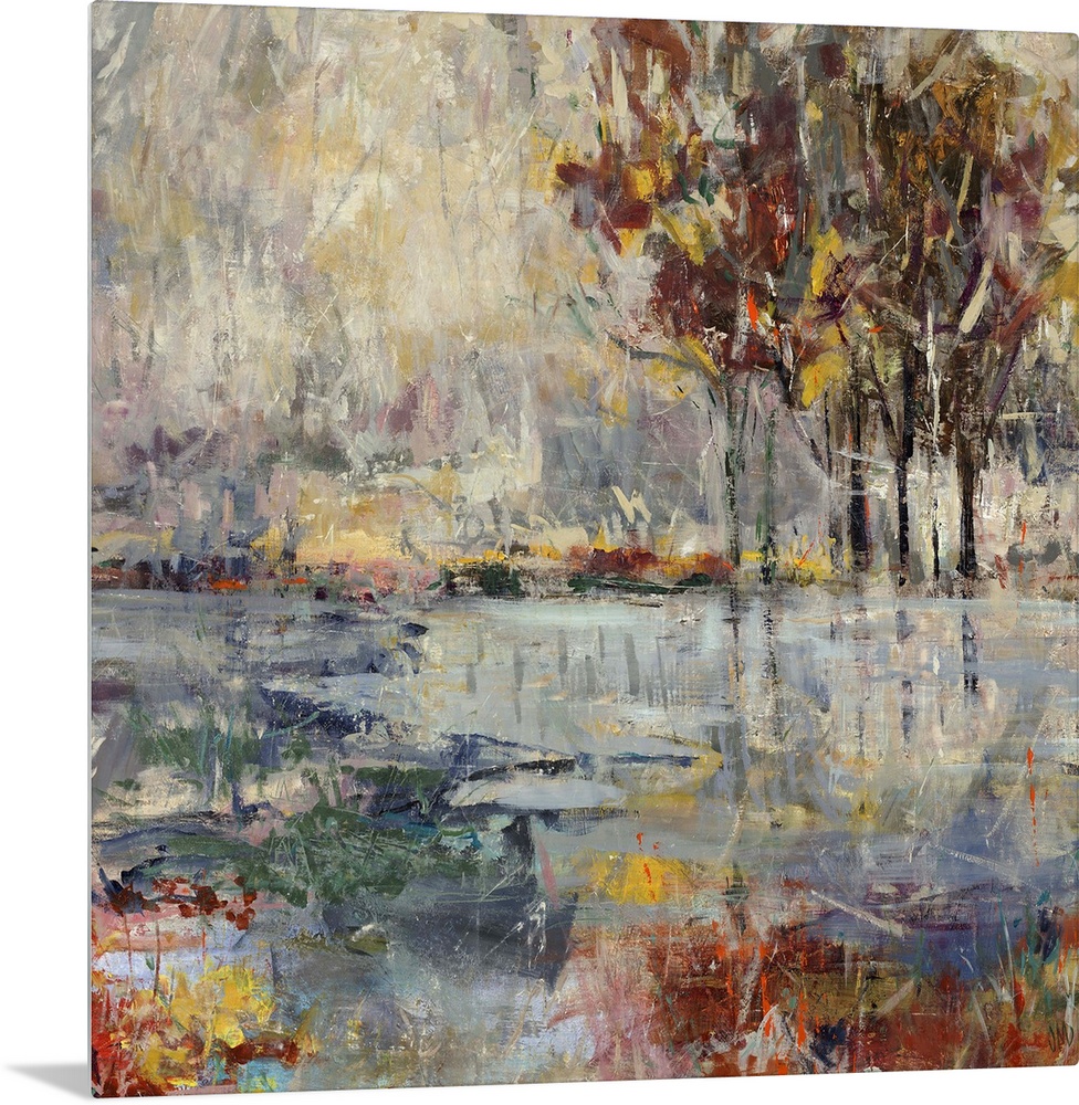 Contemporary painting of colorful flowers in front of a large body of water, with several vibrant trees on the horizon, in...