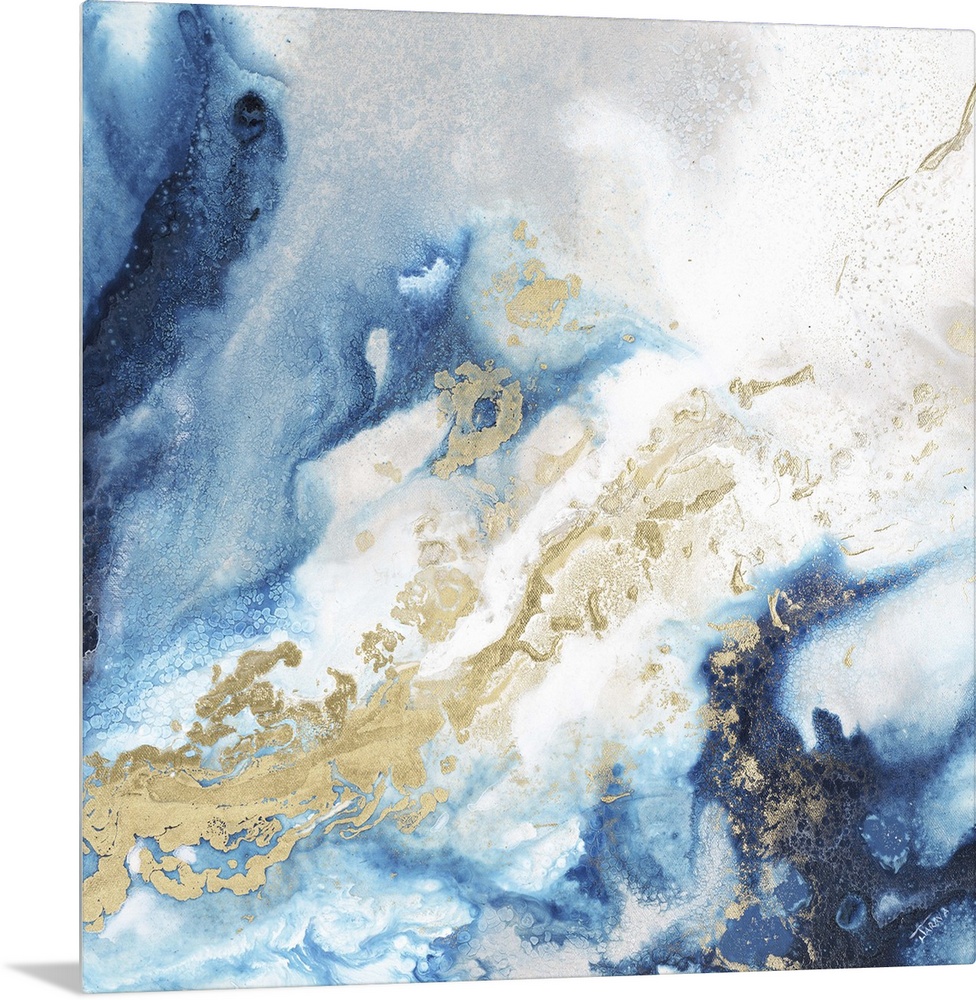 Square abstract art with glittery shades of blue with gold and silver all running together.